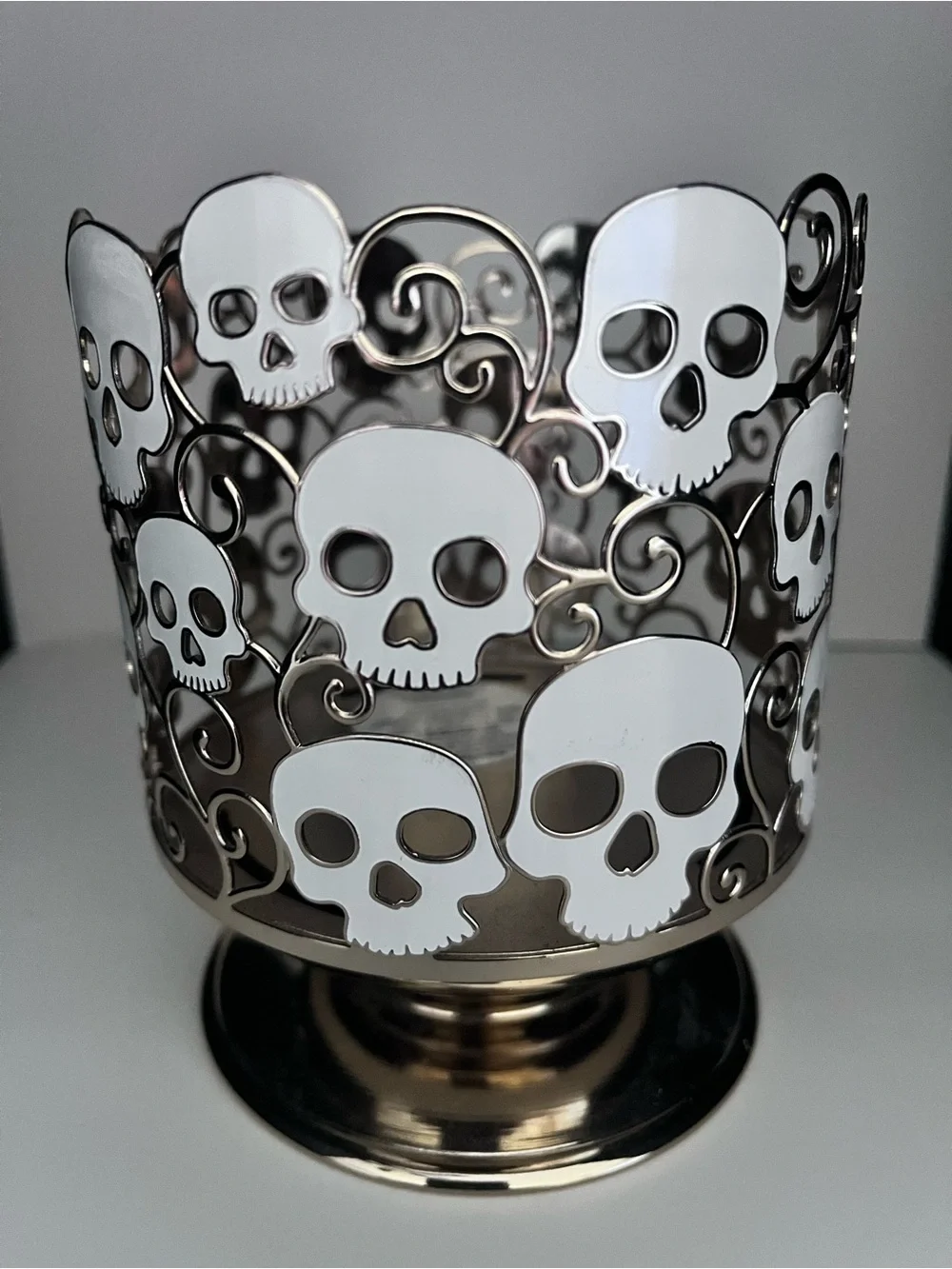 Bath & Body Works Silver Candle Holder with White Skull Accents